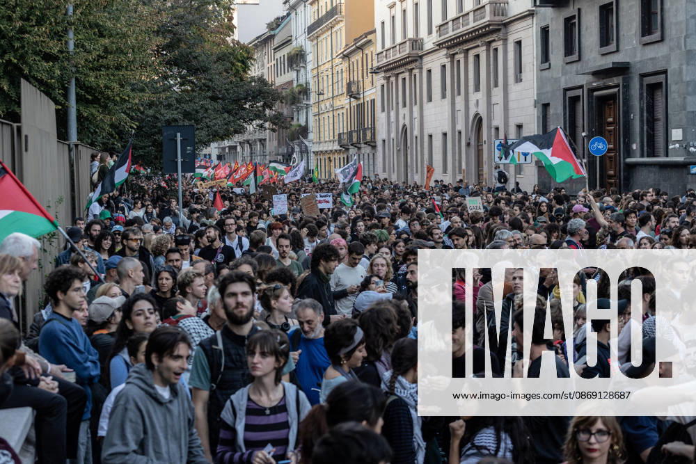 Pro-Palestinian demonstration in Milan MILAN, ITALY - OCTOBER 10: Protestors gather on the 3rd anniversary of the start of the ongoing conflict in Gaza, to show solidarity demonstration with Palestine in Milan, Italy, on October 10, 2026. The protesters are demanding an end to the ongoing war in Gaza and the unhindered entry of humanitarian aid; a halt to the shipment of arms to and from Israel; the cessation of military, economic, and academic cooperation between Italy and Israel; and the withdrawal of Bill 1004. Andrea Carrubba Anadolu Milan Italy. Editorial use only. Please get in touch for any other usage.