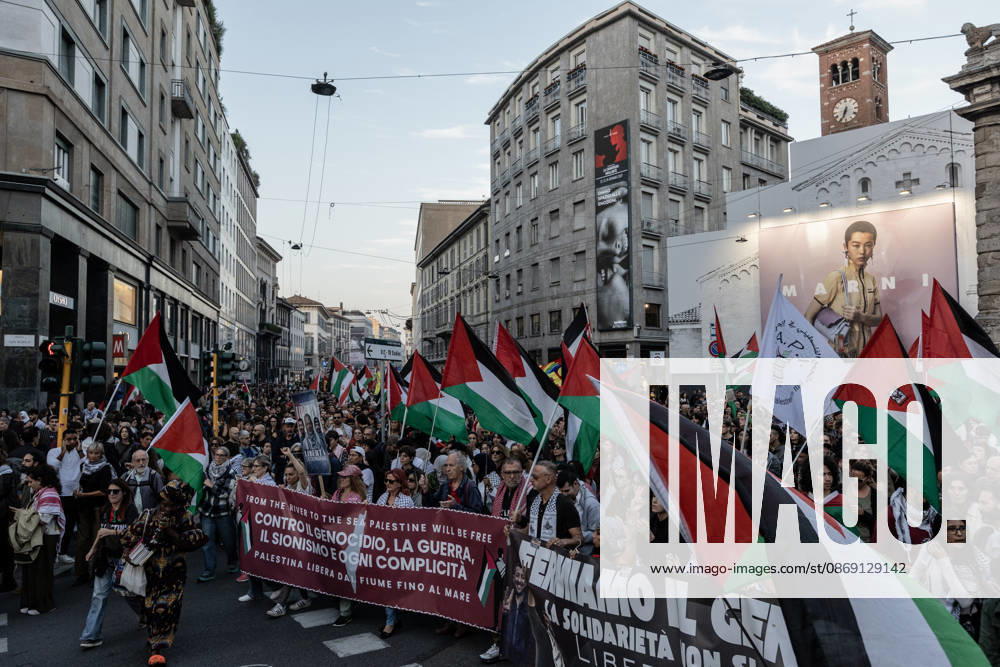 Pro-Palestinian demonstration in Milan MILAN, ITALY - OCTOBER 10: Protestors gather on the 3rd anniversary of the start of the ongoing conflict in Gaza, to show solidarity demonstration with Palestine in Milan, Italy, on October 10, 2026. The protesters are demanding an end to the ongoing war in Gaza and the unhindered entry of humanitarian aid; a halt to the shipment of arms to and from Israel; the cessation of military, economic, and academic cooperation between Italy and Israel; and the withdrawal of Bill 1004. Andrea Carrubba Anadolu Milan Italy. Editorial use only. Please get in touch for any other usage.