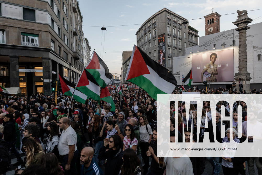 Pro-Palestinian demonstration in Milan MILAN, ITALY - OCTOBER 10: Protestors gather on the 3rd anniversary of the start of the ongoing conflict in Gaza, to show solidarity demonstration with Palestine in Milan, Italy, on October 10, 2026. The protesters are demanding an end to the ongoing war in Gaza and the unhindered entry of humanitarian aid; a halt to the shipment of arms to and from Israel; the cessation of military, economic, and academic cooperation between Italy and Israel; and the withdrawal of Bill 1004. Andrea Carrubba Anadolu Milan Italy. Editorial use only. Please get in touch for any other usage.