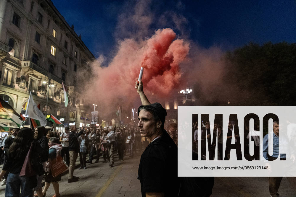 Pro-Palestinian demonstration in Milan MILAN, ITALY - OCTOBER 10: Protestors gather on the 3rd anniversary of the start of the ongoing conflict in Gaza, to show solidarity demonstration with Palestine in Milan, Italy, on October 10, 2026. The protesters are demanding an end to the ongoing war in Gaza and the unhindered entry of humanitarian aid; a halt to the shipment of arms to and from Israel; the cessation of military, economic, and academic cooperation between Italy and Israel; and the withdrawal of Bill 1004. Andrea Carrubba Anadolu Milan Italy. Editorial use only. Please get in touch for any other usage.