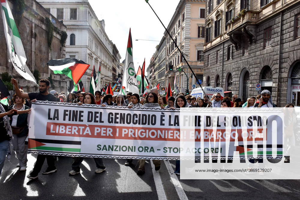 Thousands rally across Italy in support of Palestine ROME, ITALY - OCTOBER 10: Thousands of demonstrators take to the streets to show solidarity with Palestinians and call for an end to the war in Gaza, on October 10, 2026, in Rome, Italy. Demonstrators carrying Palestinian flags march from the Colosseum to Sapienza University despite rainy weather, holding a banner. Baris Seckin Anadolu Rome Italy. Editorial use only. Please get in touch for any other usage.