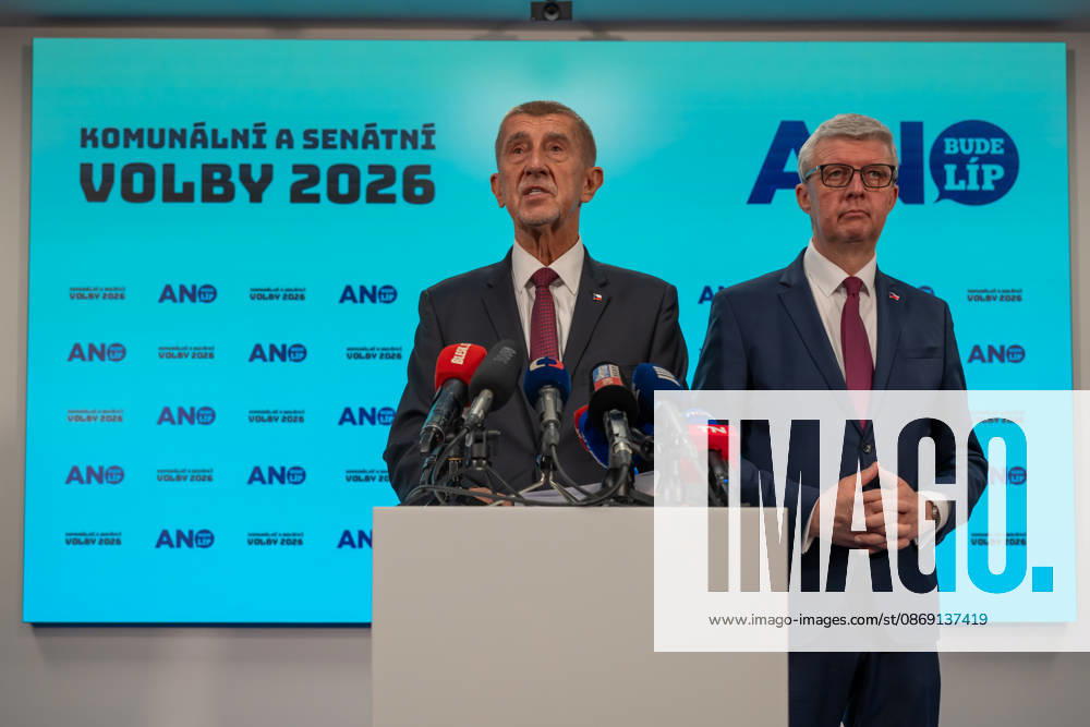 Andrej Babis, Czech prime minister press conference after municipal and senate elections - 10 Oct 2026 Andrej Babis (L), Czech Prime Minister, leader of ANO party and billionaire and Karel Havlicek (R), Minister of Industry and Trade speak to the media during a press conference after municipal and senate elections in the Czech republic. Czech municipal and senate elections took place on the 9th and 10th of October 2026. Prague Czech Republic