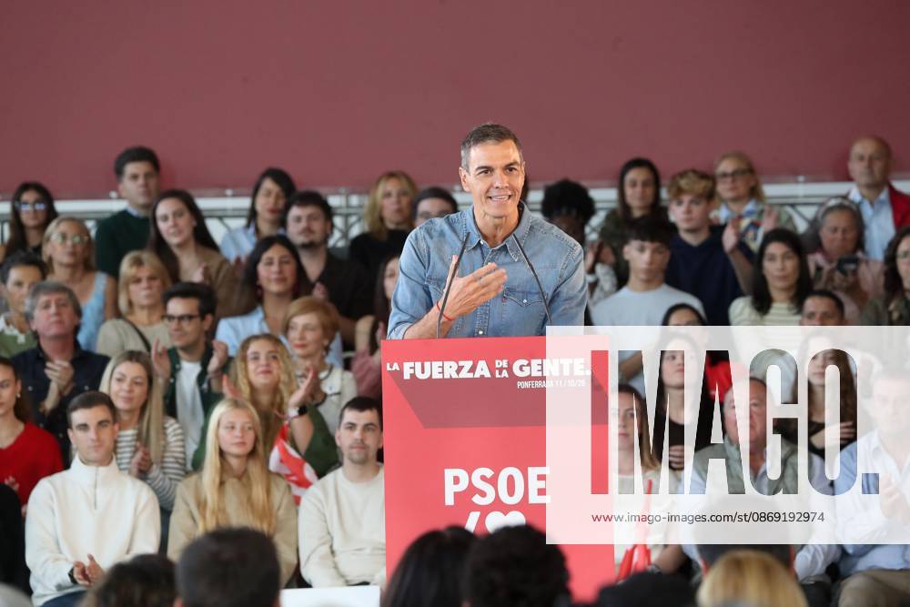 Pedro Sánchez Speaks at a Pre-Campaign Event in Ponferrada, León The Secretary-General of the PSOE and Prime Minister, Pedro Sánchez, during a PSOE pre-campaign event at La Térmica Cultural in Ponferrada on October 11, 2026, in Ponferrada, León, Castile and León, Spain. The Prime Minister and Secretary-General of the PSOE, Pedro Sánchez, kicked off the pre-campaign for the general election on November 29 this weekend with two events: on Saturday in Dos Hermanas, Seville, and today in Ponferrada, León, at the Térmica Cultural of the Energy Foundation, October 11, 2026, Ponferrada, León, Castile and León, Spain