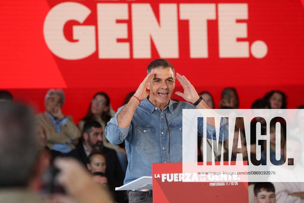 Pedro Sánchez Speaks at a Pre-Campaign Event in Ponferrada, León The Secretary-General of the PSOE and Prime Minister, Pedro Sánchez, during a PSOE pre-campaign event at La Térmica Cultural in Ponferrada on October 11, 2026, in Ponferrada, León, Castile and León, Spain. The Prime Minister and Secretary-General of the PSOE, Pedro Sánchez, kicked off the pre-campaign for the general election on November 29 this weekend with two events: on Saturday in Dos Hermanas, Seville, and today in Ponferrada, León, at the Térmica Cultural of the Energy Foundation, October 11, 2026, Ponferrada, León, Castile and León, Spain