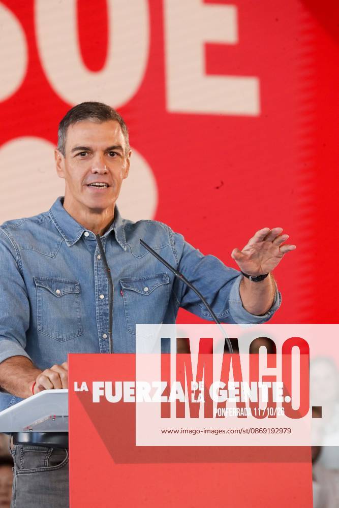 Pedro Sánchez Speaks at a Pre-Campaign Event in Ponferrada, León The Secretary-General of the PSOE and Prime Minister, Pedro Sánchez, during a PSOE pre-campaign event at La Térmica Cultural in Ponferrada on October 11, 2026, in Ponferrada, León, Castile and León, Spain. The Prime Minister and Secretary-General of the PSOE, Pedro Sánchez, kicked off the pre-campaign for the general election on November 29 this weekend with two events: on Saturday in Dos Hermanas, Seville, and today in Ponferrada, León, at the Térmica Cultural of the Energy Foundation, October 11, 2026, Ponferrada, León, Castile and León, Spain