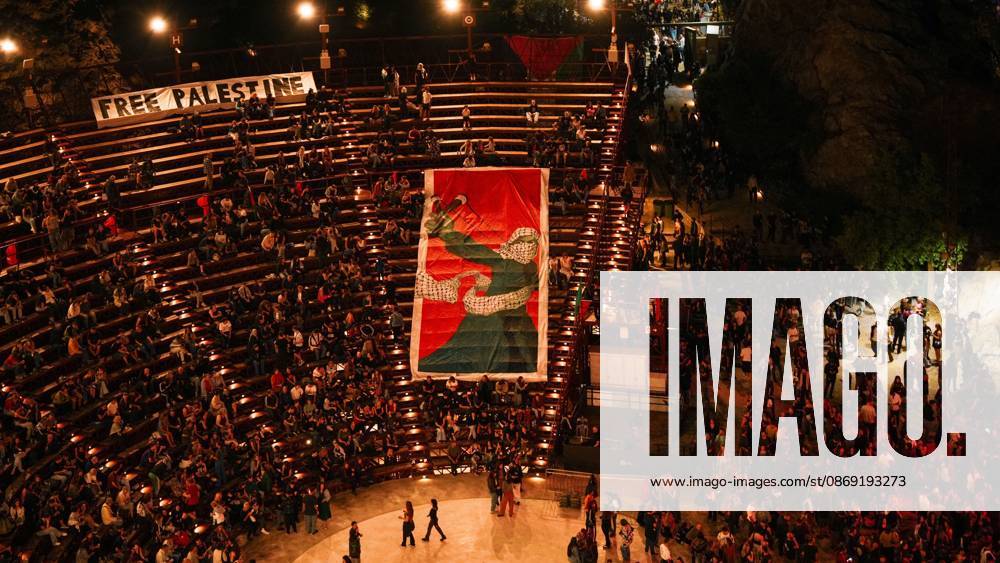 ATHENS, GREECE, OCTOBER 10, 2026: Thousands of people attend a Palestine solidarity festival organized by March to Gaza Greece at the Lycabettus Theatre in Athens. The event included discussions on Palestine, live connections with participants in Gaza and the West Bank, cultural exhibits and live music performances. Athens Greece - ZUMAq101 20261010_zna_q101_478