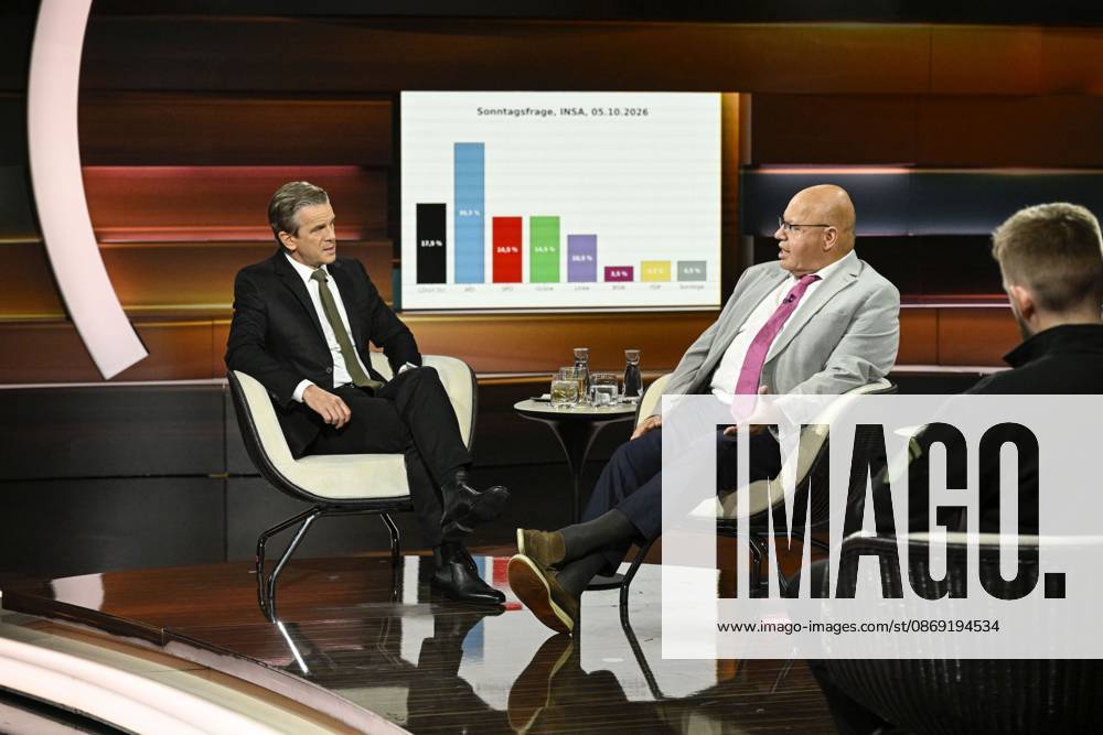 Talk show on Markus Lanz, ZDF, October 26, featuring Markus Lanz, Peter Altmaier, and Alexander Gertz (from left to right) on October 8, 2026, on Markus Lanz, ZDF TV talk show Germany German man men German woma