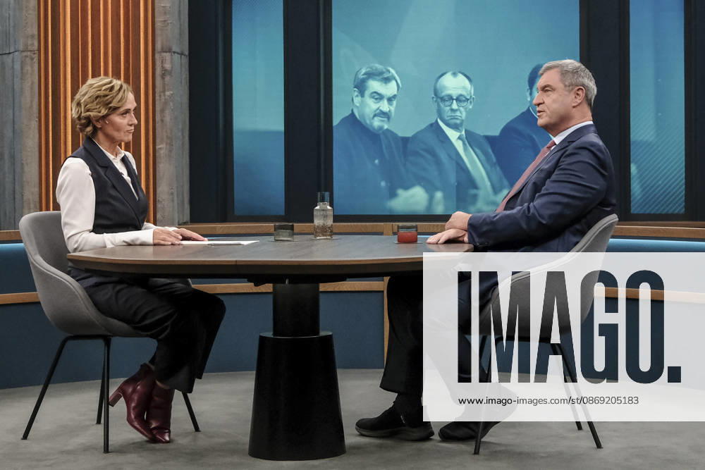 In the photo, from left: Caren Miosga, Markus Söder, Minister-President of Bavaria, CSU, GER, Berlin, studio, guest on Caren Miosga’s show, political talk show, TV, program, Das Erste, from Studio 20 in Berlin-Adlershof, Topic: How will the government get out of the crisis, Mr. Söder, October 11, 2026,