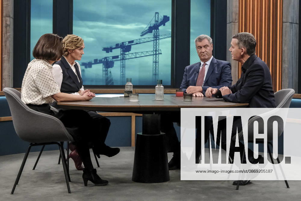 Pictured, from left: Julia Löhr, business correspondent, Frankfurter Allgemeine Zeitung; Caren Miosga; Markus Söder, Minister-President of Bavaria, CSU; Christoph Werner, CEO of dm drogerie markt GER, Berlin; studio; guest on Caren Miosga’s show, political talk show, TV program, Das Erste, from Studio 20 in Berlin-Adlershof, Topic: How