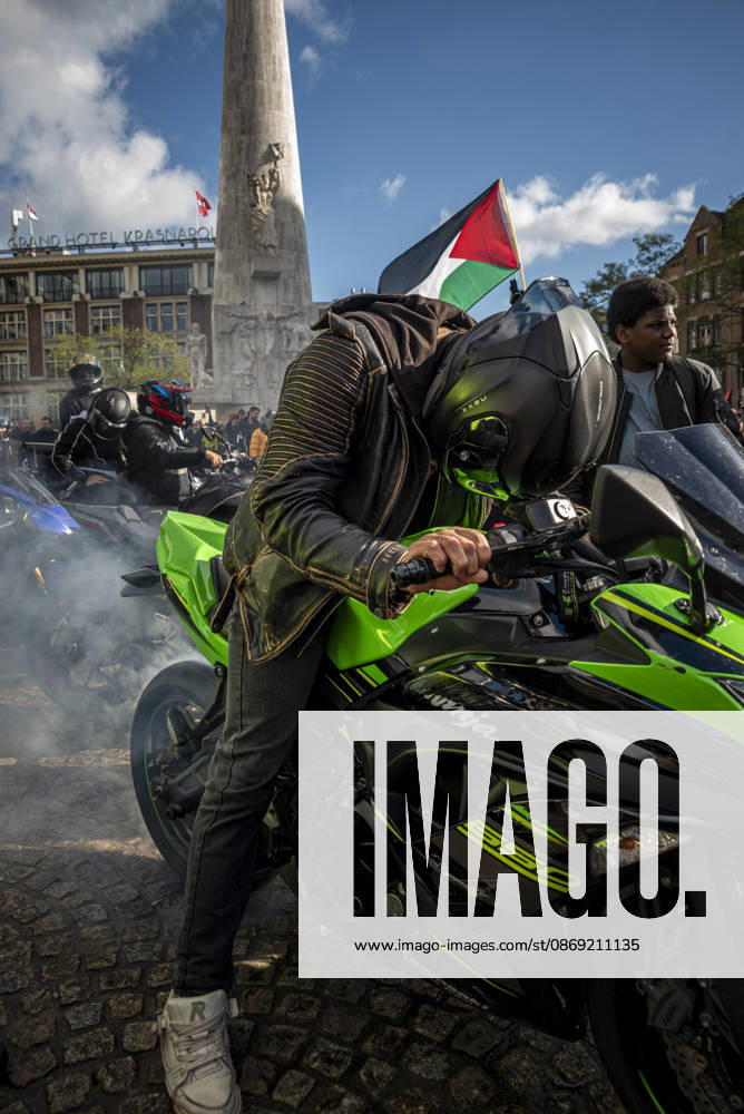 Amsterdam, North Holland, The Netherlands - Holland: 11 October 2026, Amsterdam, the Netherlands: The group Bikers for Palestine arrives to Dam Square. Protesters gathered at Dam Square for speeches and anti-war music before marching through AmsterdamÃ¢â‚¬â ¢s city centre in a demonstration dubbed Ã¢â‚¬oeThree Years of GenocideÃ¢â‚¬Â. The event marked three years since the start of the IsraelÃ¢â‚¬Hamas war. Demonstrators carried Palestinian flags and banners, demanding the Dutch government act against what they describe as a genocide in Gaza. Amsterdam The Netherlands - Holland - ZUMAp202 20261011_zip_p202_009