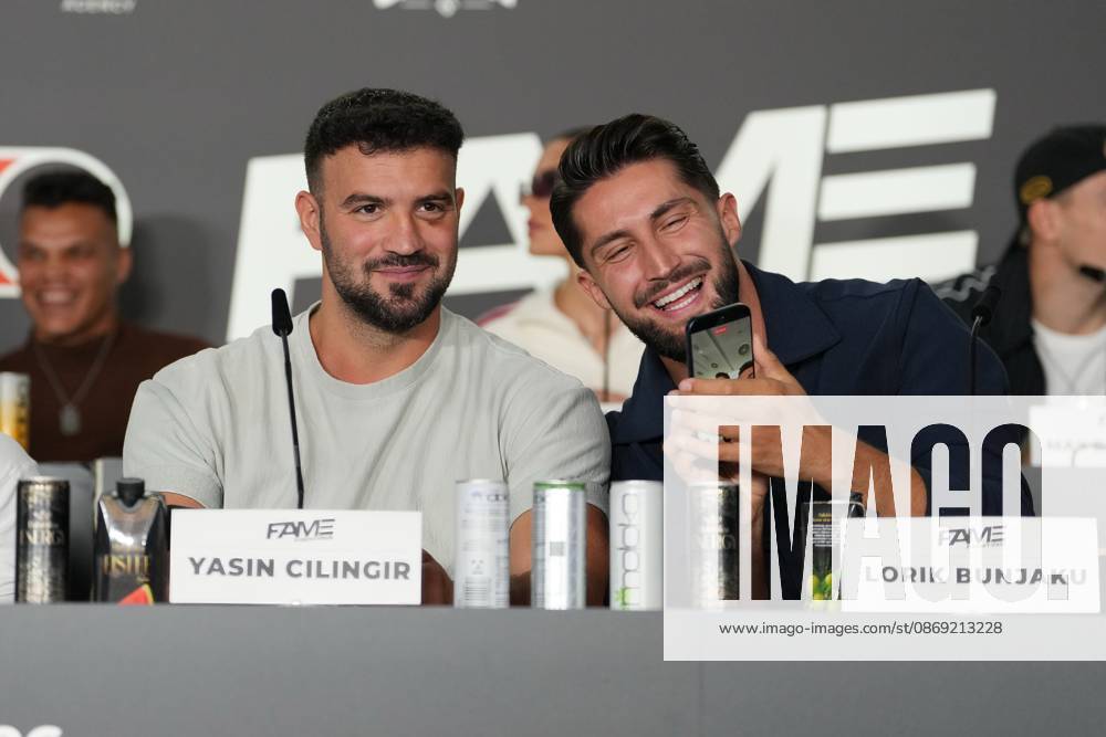 Fame Fighting 2026 Press Conference: Yasin Cilingir and Lorik Bunjaku at the press conference for the fourth edition of Fame Fighting Celebrity Boxing on October 11, 2026, at the Atlantic Hotel in Essen, North Rhine-Westphalia