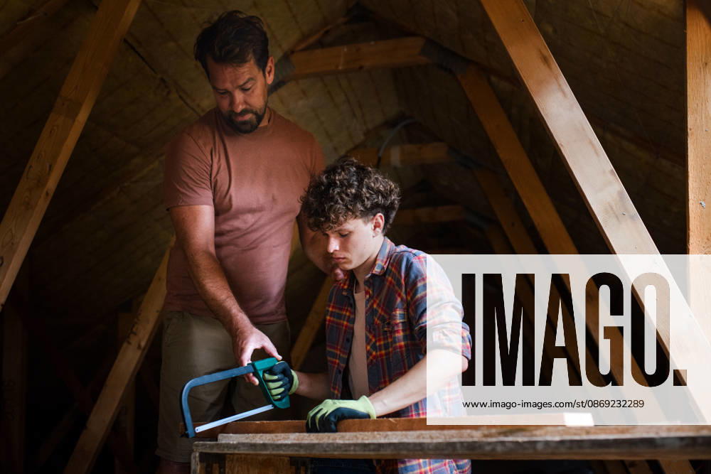Father teaching teenage son DIY skills while renovating attic together. Dad and teenage son working together on home renovation project. model released
