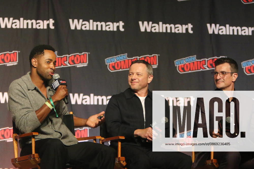 NEW YORK, NY- OCTOBER 11: Jay Ellis, Alexi Hawley and Nathan Fillion pictured at The Rookie panel during New York Comic Con 2026 at Javits Center on October 11, 2026 in New York City.