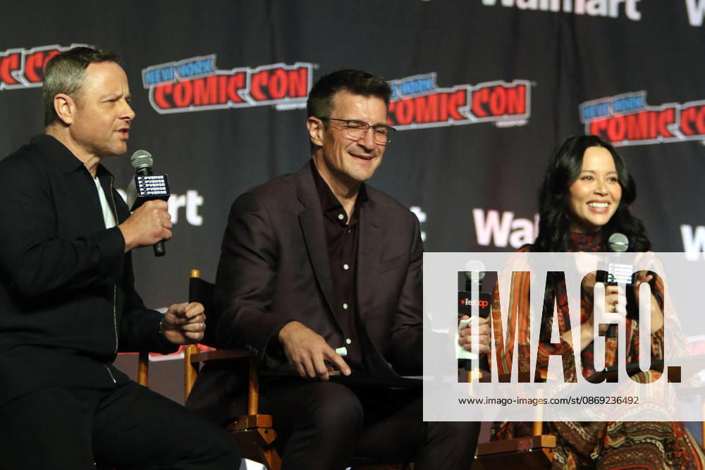 NEW YORK, NY- OCTOBER 11: Alexi Hawley, Nathan Fillion and Melissa ONeil pictured at The Rookie panel during New York Comic Con 2026 at Javits Center on October 11, 2026 in New York City.
