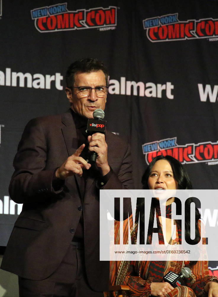 NEW YORK, NY- OCTOBER 11: Nathan Fillion and Melissa O Neil pictured at The Rookie panel during New York Comic Con 2026 at Javits Center on October 11, 2026 in New York City.