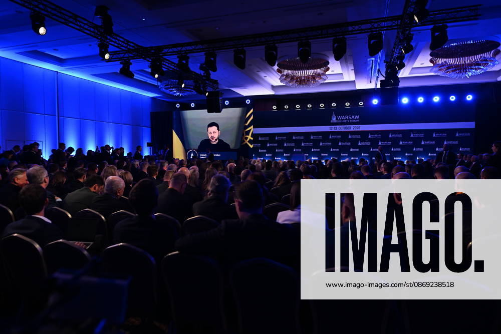 Warsaw Security Forum 2026 kicks off in Poland WARSAW, POLAND - OCTOBER 12: Ukrainian President Volodymyr Zelenskyy addresses attendees remotely during the opening session on the first day of the Warsaw Security Forum 2026 (WSF2026) in Warsaw, Poland, on October 12, 2026. The annual security summit focuses on strategies for European defense cooperation and the Russia-Ukraine war. Artur Widak Anadolu Warsaw Poland. Editorial use only. Please get in touch for any other usage.