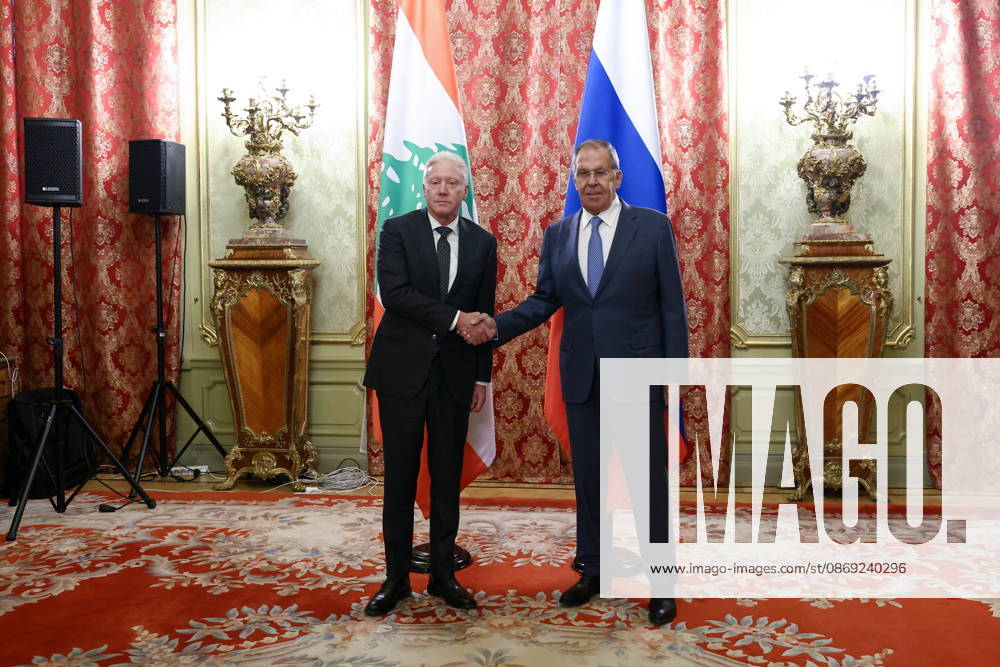 RUSSIA, MOSCOW - OCTOBER 12, 2026: Youssef Rajji (L), Lebanon s Minister of Foreign Affairs and Emigrants, and Sergei Lavrov, Russia s Foreign Minister, shake hands during a meeting at the Reception House of the Foreign Ministry Moscow Russia - ZUMAt113 20261012_zaa_t113_036