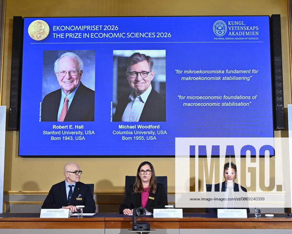 Robert E. Hall and Michael Woodford are announced as the laureates of the Sveriges Riksbank Prize in Economic Sciences in Memory of Alfred Nobel at the Royal Swedish Academy of Sciences in Stockholm, Sweden, on October 12, 2026 STOCKHOLM SWEDEN