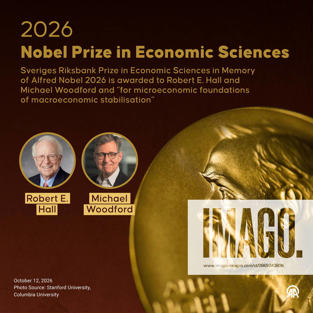 2026 Nobel Prize in Economic Sciences ANKARA, TURKIYE - OCTOBER 12: An infographic titled 2026 Nobel Prize in Economic Sciences created in Ankara, Turkiye on October 12, 2026. Sveriges Riksbank Prize in Economic Sciences in Memory of Alfred Nobel 2026 is awarded to Robert E. Hall and Michael Woodford and for microeconomic foundations of macroeconomic stabilisation. Elif Acar Anadolu Ankara Turkey. Editorial use only. Please get in touch for any other usage.