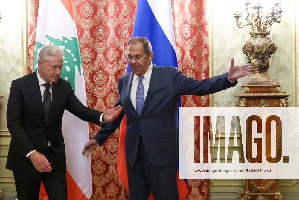 RUSSIA, MOSCOW - OCTOBER 12, 2026: Youssef Rajji (L), Lebanon s Minister of Foreign Affairs and Emigrants, and Sergei Lavrov, Russia s Foreign Minister, arrive for a meeting at the Reception House of the Foreign Ministry. Artyom Geodakyan TASS 99173818