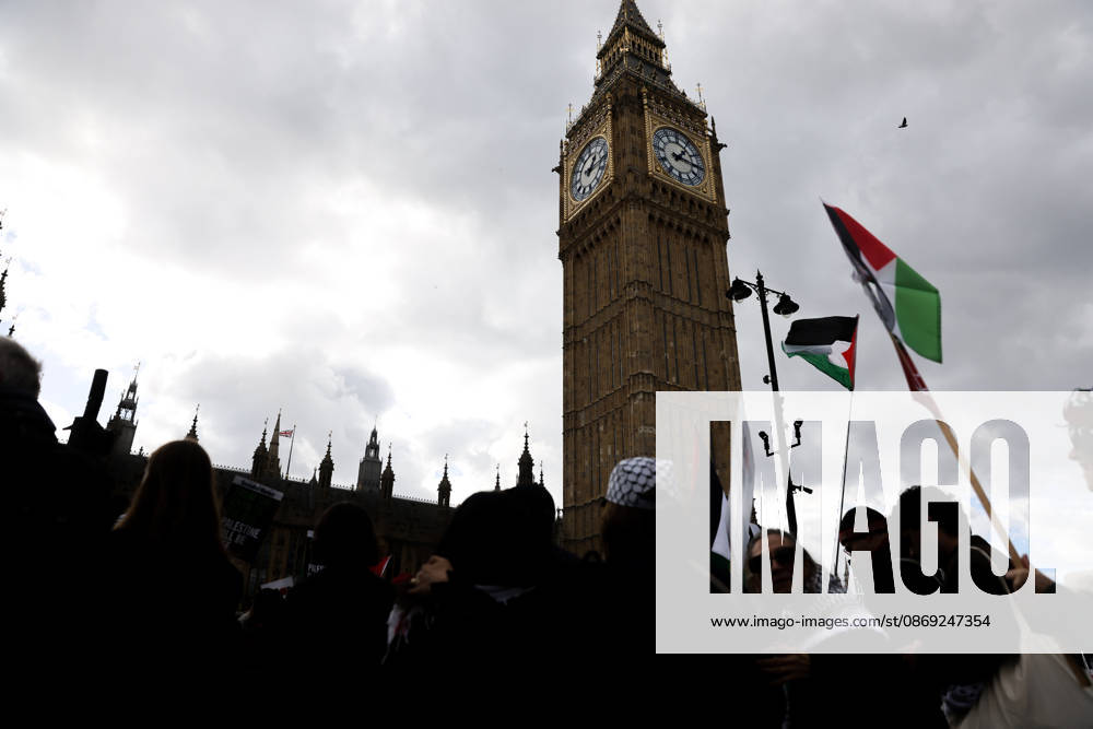 National March for Palestine, London. UK - 12 Oct 2026 Pro-Palestine supporters walk past Big Ben during the National March for Palestine in central London, carrying placards and Palestinian flags and calling for Palestinian rights and an end to the conflict in Gaza, three days after the third anniversary of the 7 October attacks on Israel. The march took place amid ongoing protests over the conflict in Gaza, with demonstrators calling for Palestinian rights and an end to the war. London United Kingdom