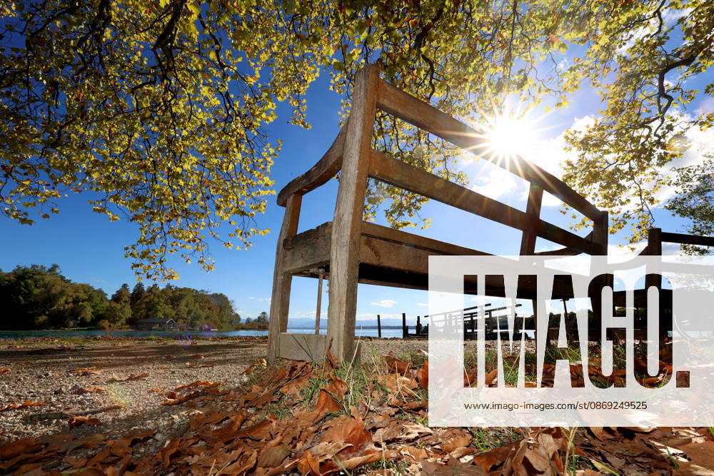 An autumn day in Feldafing, Feldafinger Park, Starnberg District. Here is a view of Lake Starnberg with Roseninsel; in the foreground, a park bench, the sun, sunbeams glinting through the leaves, colorful trees, foliage colors, deciduous trees, autumnal, play of colors, autumn leaves, autumn colors, l