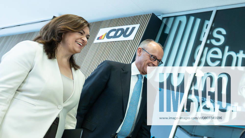 Chancellor Friedrich Merz at the closing press conference, with Franziska Hoppermann, Secretary General of the CDU Germany Executive Committee Retreat in Berlin, October 2026, Berlin, Berlin, Germany, Konrad Adenauer House