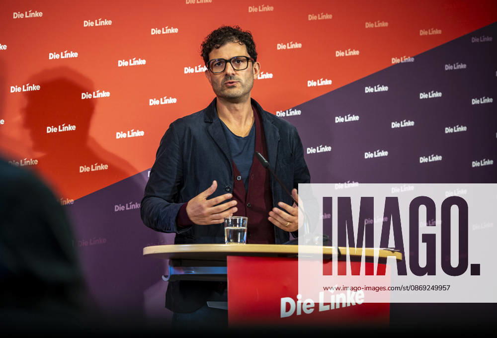 Luigi Pantisano, Chair of Die Linke, photographed at a press conference at the Karl Liebknecht Haus in Berlin, Germany