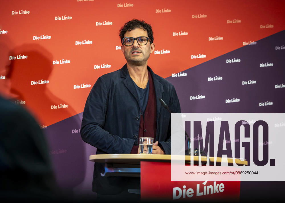 Luigi Pantisano, Chair of Die Linke, photographed at a press conference at the Karl Liebknecht Haus in Berlin, Germany