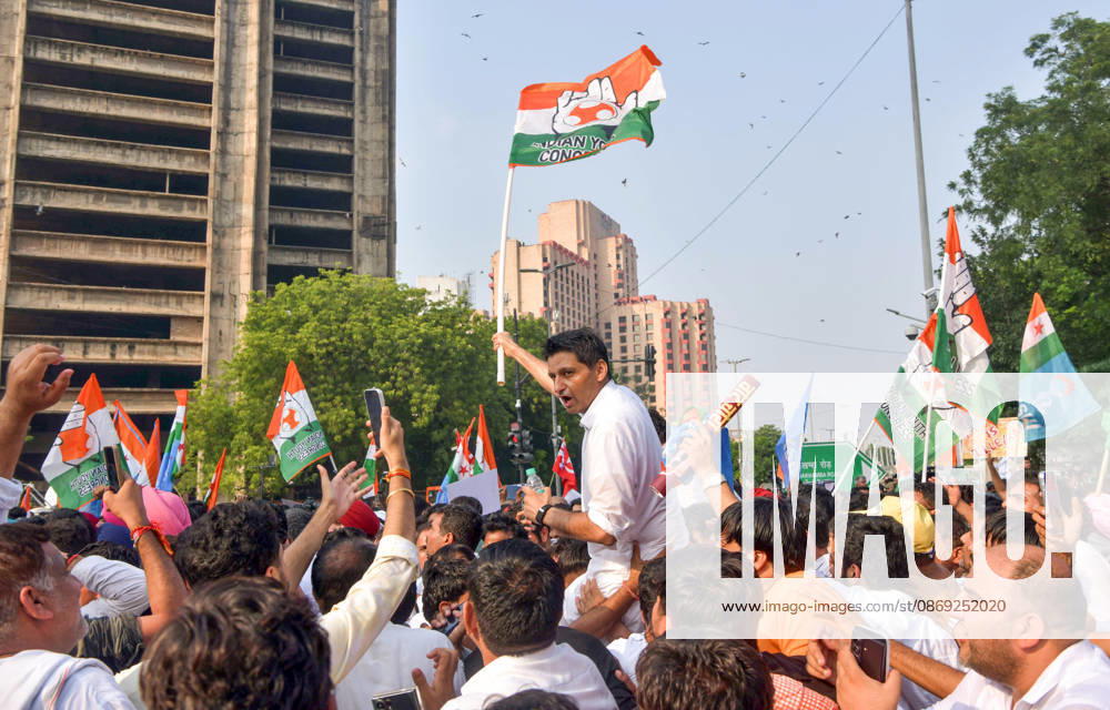 INDIA Bloc protest march towards the Supreme Court in New Delhi New Delhi, Oct 12 (ANI): A protester holding the flag of the Indian Youth Congress (IYC) during the INDIA Bloc protest march towards the Supreme Court, in New Delhi on Monday. NEW DELHI Delhi India