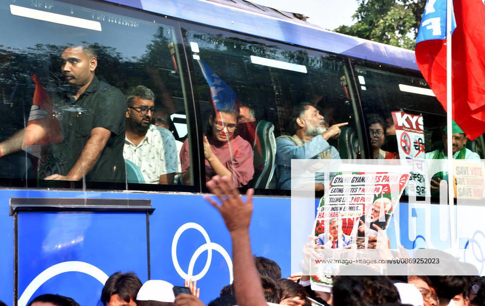 INDIA Bloc protest march towards the Supreme Court in New Delhi New Delhi, Oct 12 (ANI): Protesters sit in the bus as they march towards the Supreme Court, in New Delhi on Monday. NEW DELHI Delhi India