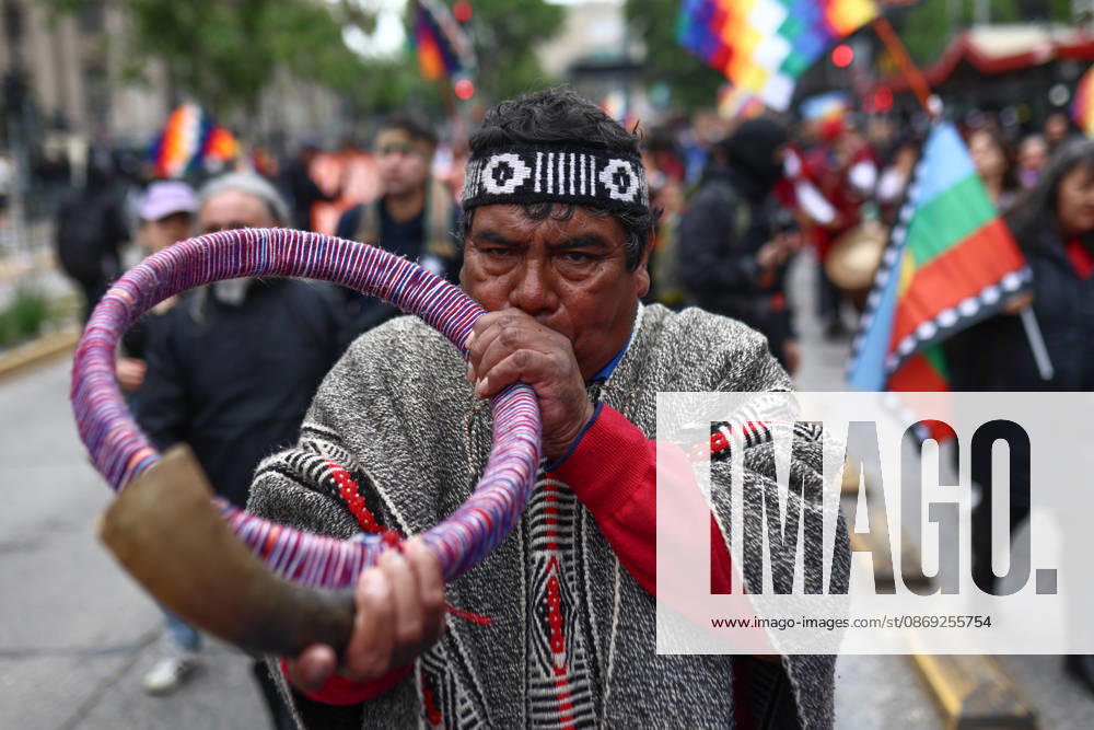 Hundreds of people protest against Columbus Day in Santiago SANTIAGO, CHILE - OCTOBER 12: A Mapuche protester plays a trutruca (a traditional wind instrument of the Mapuche people in Chile) during a protest opposing Columbus Day in Santiago, Chile, on October 12, 2026. Protesters demanded indigenous rights and territorial recognition. Lucas Aguayo Araos Anadolu Santiago Chile. Editorial use only. Please get in touch for any other usage.