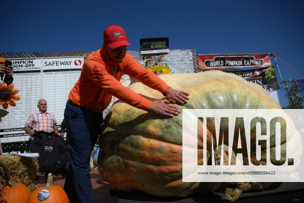 53rd Annual Safeway World Championship Pumpkin Weigh-Off in Half Moon Bay HALF MOON BAY, CA - OCTOBER 12: Travis Gienger from Anoka, Minnesota won with his giant pumpkin weighted 2,389 pound during the 53rd annual Safeway World Championship Pumpkin Weigh-Off is held at the I.D.E.S. Grounds in Half Moon Bay, California, United States on October 12, 2026. Tayfun Coskun Anadolu California United States. Editorial use only. Please get in touch for any other usage.