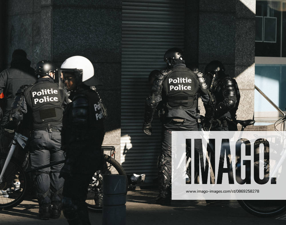 Brussels Belgium Protest Riot police officers confront demonstrators during clashes in Brussels, Belgium on October 12, 2026. Protesters and trade union members stage demonstrations and clash with police during a nationwide public-sector strike against government austerity measures, budget cuts, and reform plans in Brussels, Belgium. Brussels Brussels Capital Belgium
