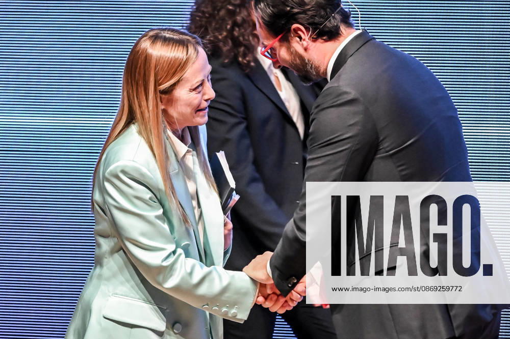 Prime Minister Giorgia Meloni and Alvise Biffi, President of Assolombarda, at the 2026 Assolombarda General Assembly, Milan, 12 10 2026 Milan Italy - ZUMAa289 20261012_zia_a289_139