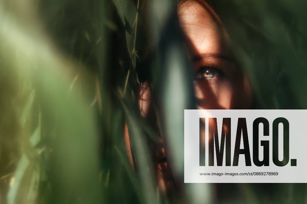 Woman s eye looking through lush green leaves Tulsa, Oklahoma, United States CR_KRRY261009-2124127-01 ,model released, Symbolfoto ,property released