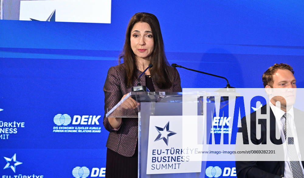 EU-Turkiye Business Summit kicks off in Brussels BRUSSELS, BELGIUM - OCTOBER 13: Ambassador Yaprak Balkan (L), Turkiye s Permanent Representative to the European Union, delivers a speech during a session held at Egmont Palace in Brussels, Belgium, on October 13, 2026. The session is held as part of the EU-Turkiye Business Summit, organized in cooperation with the Foreign Economic Relations Board of Turkiye (DEIK) and the European Business Summit (EBS). Dursun Aydemir Anadolu Brussels Belgium. Editorial use only. Please get in touch for any other usage.