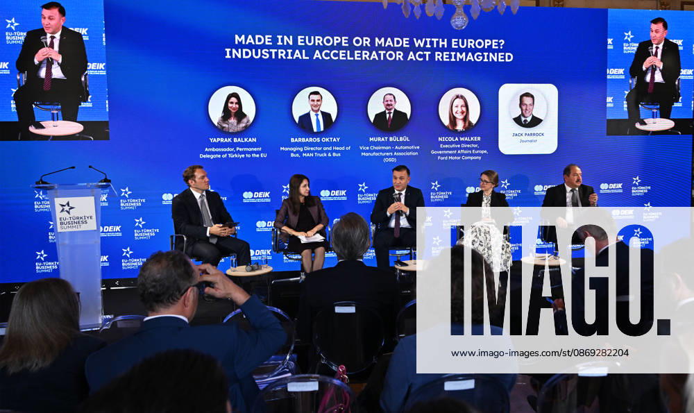 EU-Turkiye Business Summit kicks off in Brussels BRUSSELS, BELGIUM - OCTOBER 13: Ambassador Yaprak Balkan (2nd L), Turkiye s Permanent Representative to the European Union, attends a session held at Egmont Palace in Brussels, Belgium, on October 13, 2026. The session is held as part of the EU-Turkiye Business Summit, organized in cooperation with the Foreign Economic Relations Board of Turkiye (DEIK) and the European Business Summit (EBS). Dursun Aydemir Anadolu Brussels Belgium. Editorial use only. Please get in touch for any other usage.