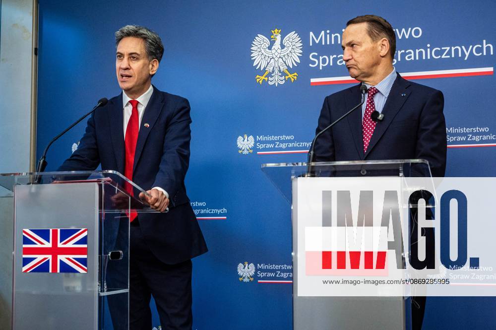 The Foreign Secretary of the United Kingdom, Ed Miliband, speaks during the press conference..Foreign Secretary of the United Kingdom of Great Britain and Northern Ireland visits the Ministry of Foreign Affairs in Warsaw, Poland for a meeting with the Republic of Poland s Foreign Minister, Radoslaw Sikorski. During the subsequent press conference, the ministers discussed their countries ongoing cooperation in foreign policy issues, including supporting Ukraine in the war Russia is waging against it. Miliband also spoke of the ties his family has to Poland. Afterwards, the ministers travel to the second day of the Warsaw Security Forum. Warsaw Poland - ZUMAs197 20261013_aaa_s197_019