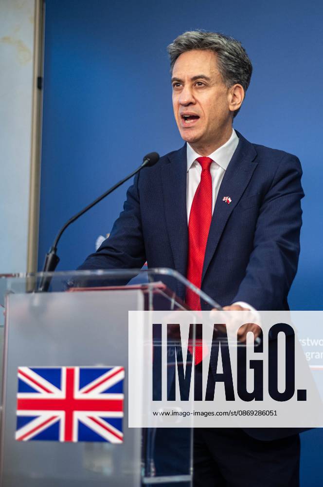 The Foreign Secretary of the United Kingdom, Ed Miliband, speaks during the press conference..Foreign Secretary of the United Kingdom of Great Britain and Northern Ireland visits the Ministry of Foreign Affairs in Warsaw, Poland for a meeting with the Republic of Poland s Foreign Minister, Radoslaw Sikorski. During the subsequent press conference, the ministers discussed their countries ongoing cooperation in foreign policy issues, including supporting Ukraine in the war Russia is waging against it. Miliband also spoke of the ties his family has to Poland. Afterwards, the ministers travel to the second day of the Warsaw Security Forum. Warsaw Poland - ZUMAs197 20261013_aaa_s197_026