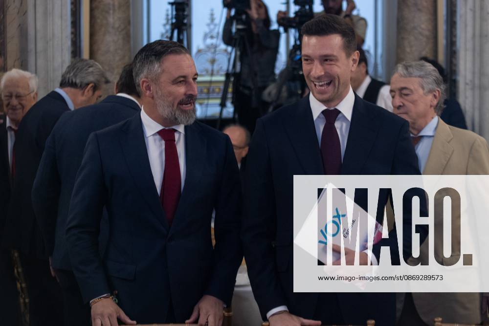 Informative breakfast: Jordan Bardella and Santiago Abascal in Madrid, Spain - 13 Oct 2026 Jordan Bardella (R), President of the National Rally and the Patriots for Europe Group in the European Parliament, and Santiago Abascal (L), President of VOX and Patriots for Europe attends an informative breakfast organized by Nueva Economía Fórum in Madrid. Madrid Spain
