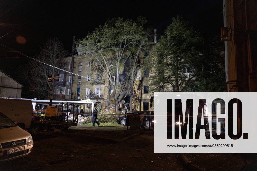 KHARKIV, UKRAINE, OCTOBER 12, 2026: A Russian strike destroyed a section of a four-story residential building in the Kholodnohirskyi District of Kharkiv, Ukraine, on the evening of October 12. Authorities said Russian forces used Banderol-type missiles in the attack. Rescuers recovered the bodies of three people, and search operations continued. Kharkiv Ukraine - ZUMAq101 20261013_zna_q101_038