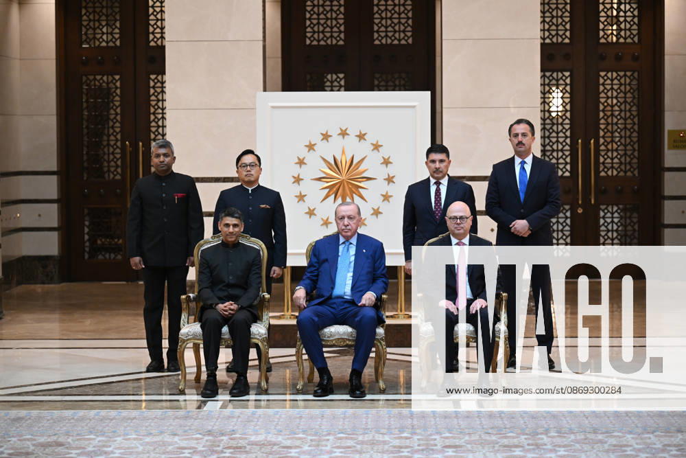 Turkish President Recep Tayyip Erdogan ANKARA, TURKIYE - OCTOBER 13: Indian Ambassador to Turkiye, Rudra Gaurav Shresth presents his letters of credence to Turkish President Recep Tayyip Erdogan (C), as Erdogan receives the ambassadors of India, Mali, Netherlands, El Salvador and Nigeria at the Presidential Complex, in Ankara, Turkiye on October 13, 2026. Mehmet Ali Ozcan Anadolu Ankara Turkey. Editorial use only. Please get in touch for any other usage.