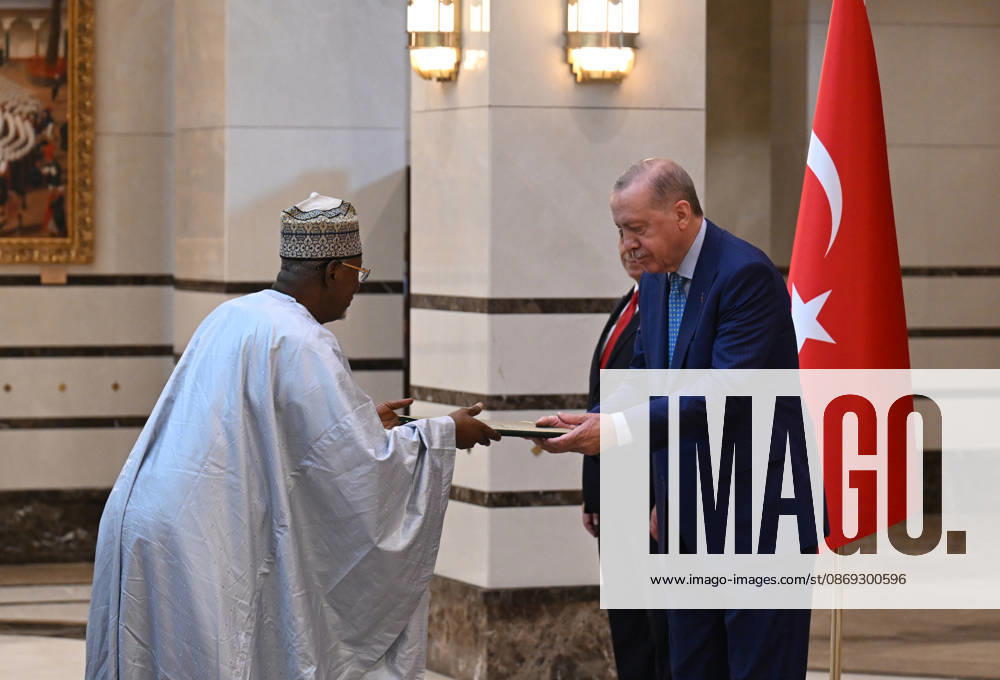 Turkish President Recep Tayyip Erdogan ANKARA, TURKIYE - OCTOBER 13: Nigerian Ambassador to Turkiye, Saidu Usman Nasamu Dakingari (L) presents his letters of credence to Turkish President Recep Tayyip Erdogan (R), as Erdogan receives the ambassadors of India, Mali, Netherlands, El Salvador and Nigeria at the Presidential Complex, in Ankara, Turkiye on October 13, 2026. Mehmet Ali Ozcan Anadolu Ankara Turkey. Editorial use only. Please get in touch for any other usage.