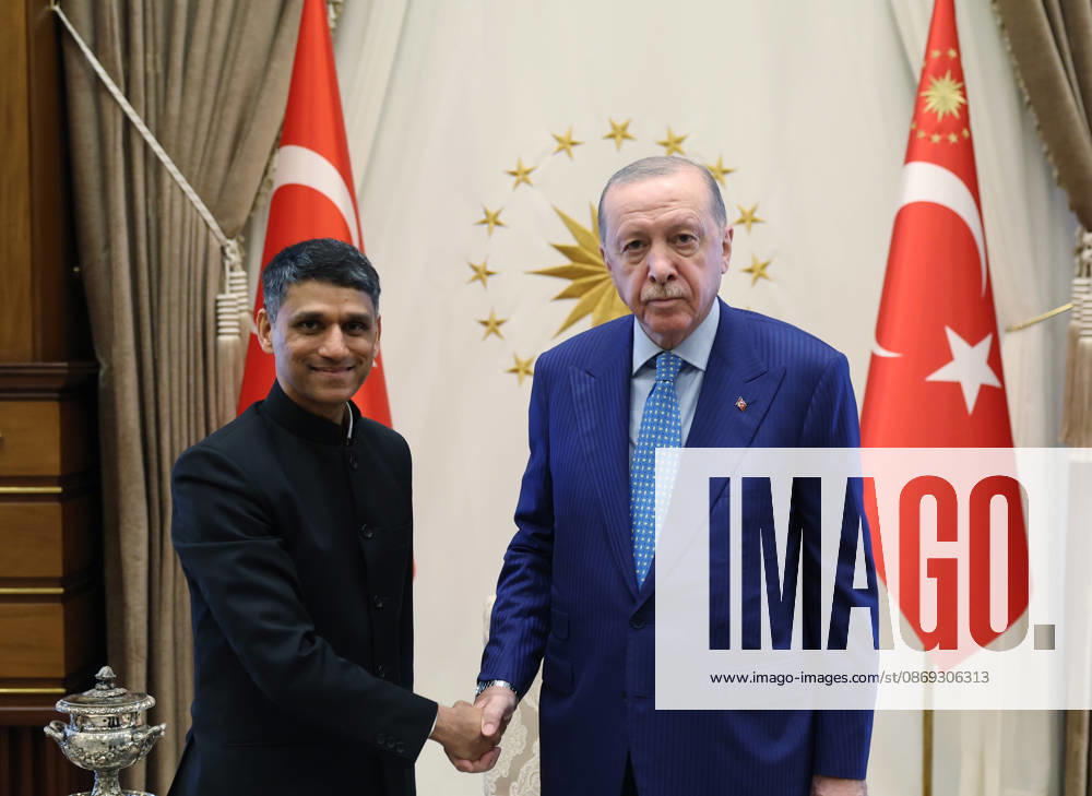 Turkish President Recep Tayyip Erdogan ANKARA, TURKIYE - OCTOBER 13: (---- - MANDATORY CREDIT - TURKISH PRESIDENCY MURAT KULA HANDOUT - NO MARKETING NO ADVERTISING CAMPAIGNS - DISTRIBUTED AS A SERVICE TO CLIENTS----) Indian Ambassador to Turkiye, Rudra Gaurav Shresth and Turkish President Recep Tayyip Erdogan pose for a photo after he presents the letter of credence at the Presidential Complex, in Ankara, Turkiye on October 13, 2026. TUR Presidency Murat Kula Anadolu Ankara Turkey. Editorial use only. Please get in touch for any other usage.