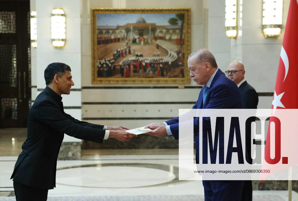 Turkish President Recep Tayyip Erdogan ANKARA, TURKIYE - OCTOBER 13: (---- - MANDATORY CREDIT - TURKISH PRESIDENCY MURAT KULA HANDOUT - NO MARKETING NO ADVERTISING CAMPAIGNS - DISTRIBUTED AS A SERVICE TO CLIENTS----) Indian Ambassador to Turkiye, Rudra Gaurav Shresth (L) presents his letters of credence to Turkish President Recep Tayyip Erdogan (R), as Erdogan receives the ambassadors of India, Mali, Netherlands, El Salvador and Nigeria at the Presidential Complex, in Ankara, Turkiye on October 13, 2026. TUR Presidency Murat Kula Anadolu Ankara Turkey. Editorial use only. Please get in touch for any other usage.