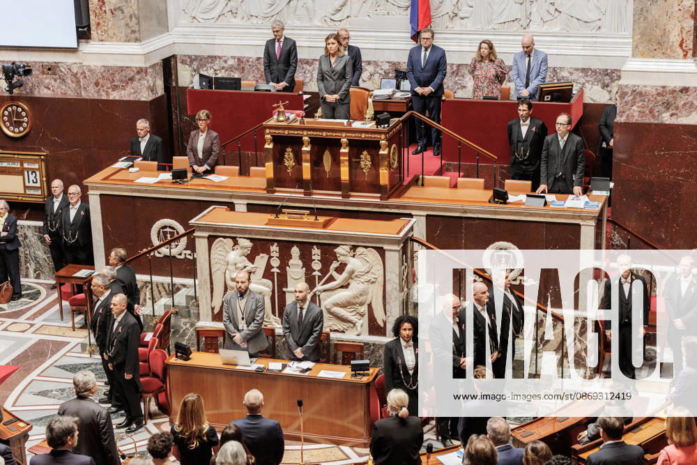 A minute of silence was observed in the National Assembly for Dominique Bernard. Dominique Bernard was a 57-year-old professor of French literature, assassinated on October 13, 2023. - ZUMAs287 20261013_zip_s287_019