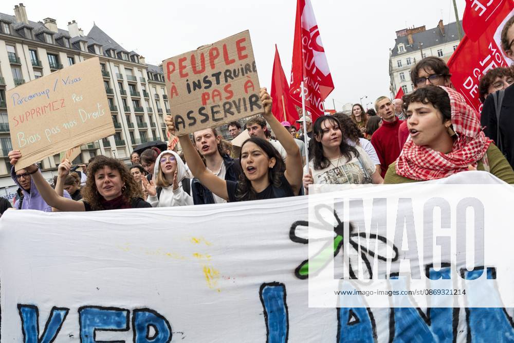 HIGH SCHOOL STUDENTS PROTEST IN RENNES PHOTOPQR OUEST FRANCE Mathieu Pattier Rennes October 13, 2026 High school students protest in Rennes on Tuesday, October 13, 2026, Act V of the high school protest movement. Approximately 8,000 people marched peacefully; at the end of the demonstration, law enforcement used water cannons and tear gas to disperse the crowd, and several arrests were made. PHOTO: MATHIEU PATTIER, OUEST FRANCE France Fires have broken out at several schools in France as students protest by blocking access to educational institutions nationwide over school funding and learning conditions. Rennes, France