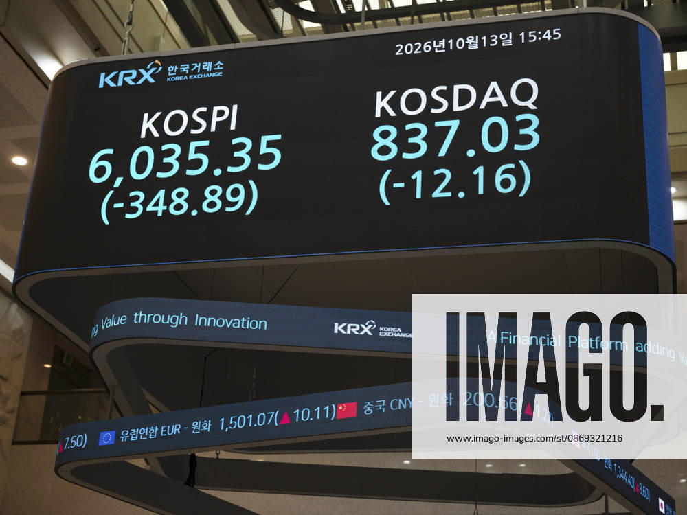 South Korea Stocks Plunge As KOSPI Drops Sharply At KRX In Seoul An overhead display at the Korea Exchange (KRX) in Yeouido, Seoul, South Korea, shows both KOSPI and KOSDAQ closing numbers on October 13, 2026. KOSPI closed down 348.89 points at 6,035.35, and KOSDAQ dropped 12.16 points to 837.03. Seoul Seoul South Korea