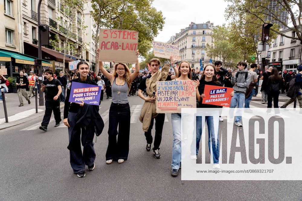 High school and university students, joined by teachers and unions, demonstrate in Paris during a nationwide mobilization demanding better public education. Protesters denounce teacher shortages, deteriorating school facilities, overcrowded classrooms, excessive school hours and inequalities in access to higher education, including concerns over Parcoursup. Climate activist Greta Thunberg voiced support for the student movement. Paris France - ZUMAl224 20261013_zip_l224_002